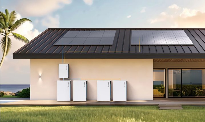 Modern home with solar panels and battery storage units